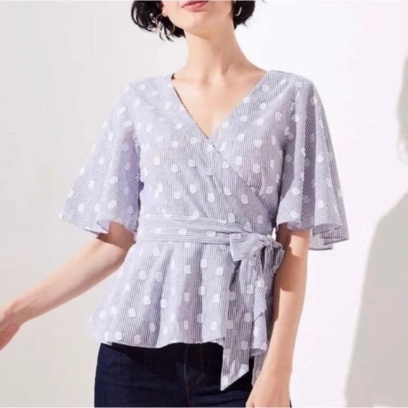 Ann Taylor LOFT Swiss Polka Dot Flutter Sleeve Wrap Blouse - Picture 1 of 6